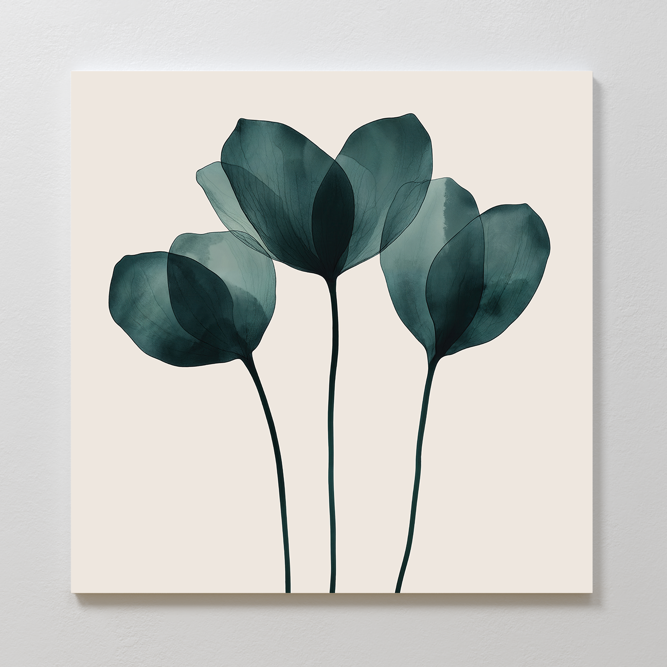 Leafy Balance Canvas Art showcases three translucent, dark green flowers with long stems on a light beige background, offering a simple and elegant botanical touch—perfect for elevating your living room decor.