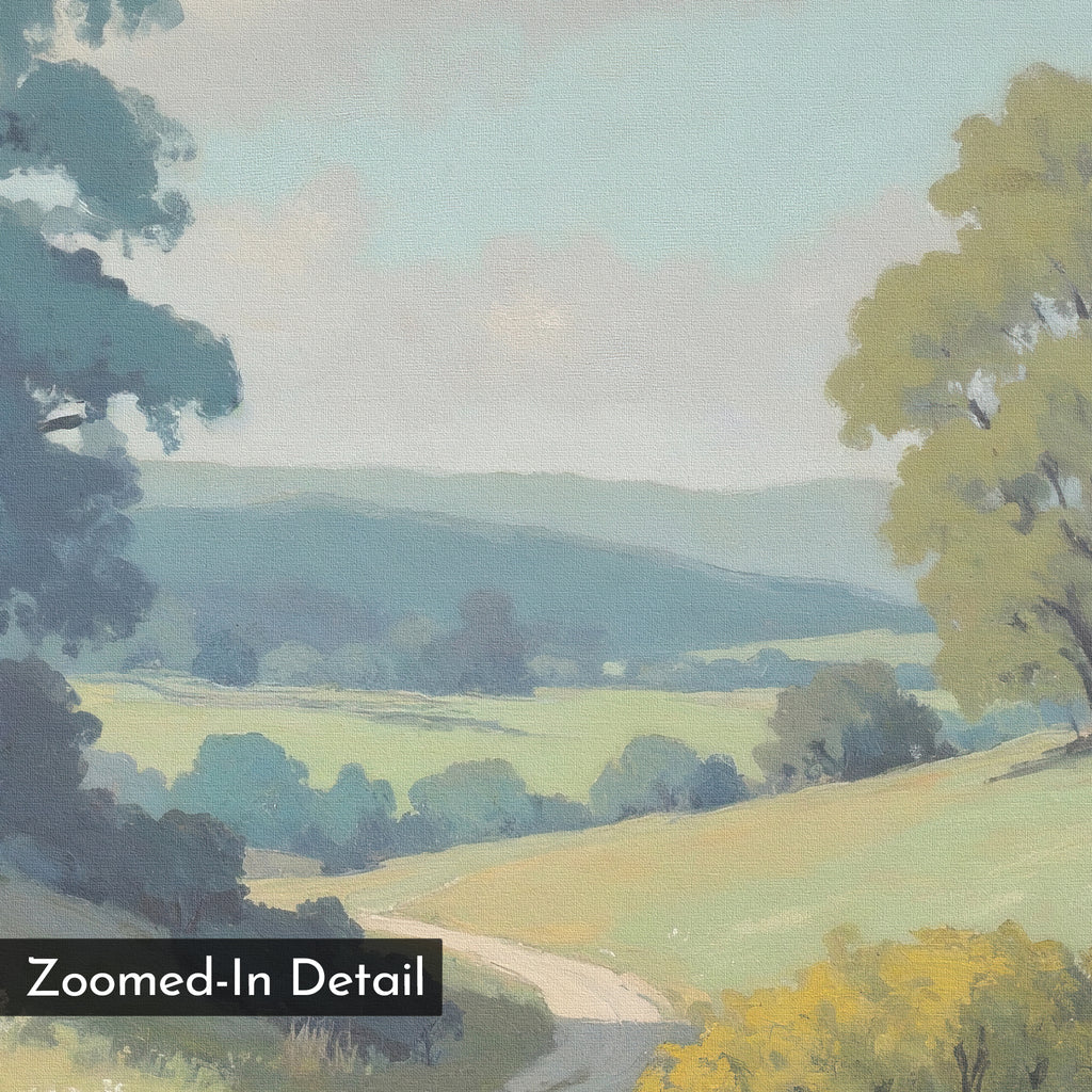 A zoomed-in detail of the Summer Dale Canvas Art shows a curved path through green fields with trees, distant blue hills, and a partly cloudy sky. “Zoomed-In Detail” appears in the lower left corner.