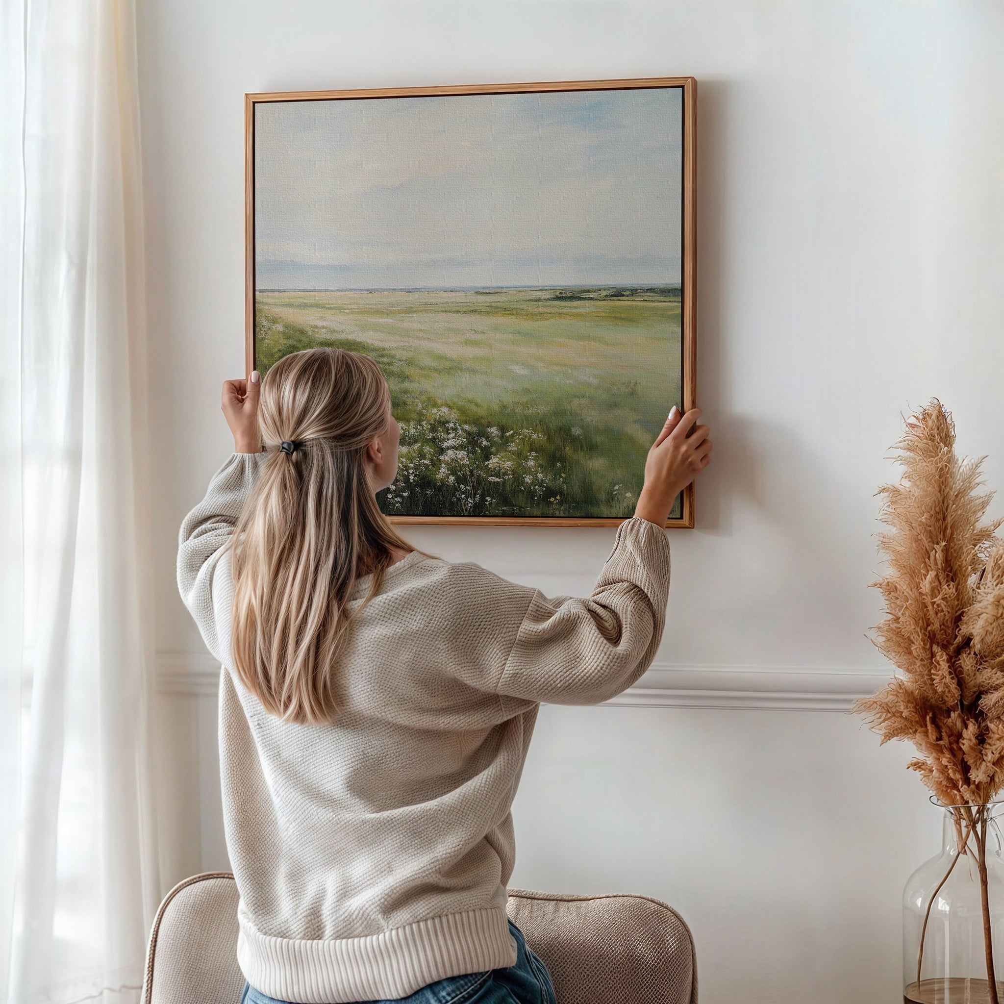 A woman with long blonde hair hangs the Summer Meadow Canvas Art, featuring a grassy field and sky, on a white wall in a cozy, light-filled room with beige decor and a vase of pampas grass, celebrating nature’s beauty.