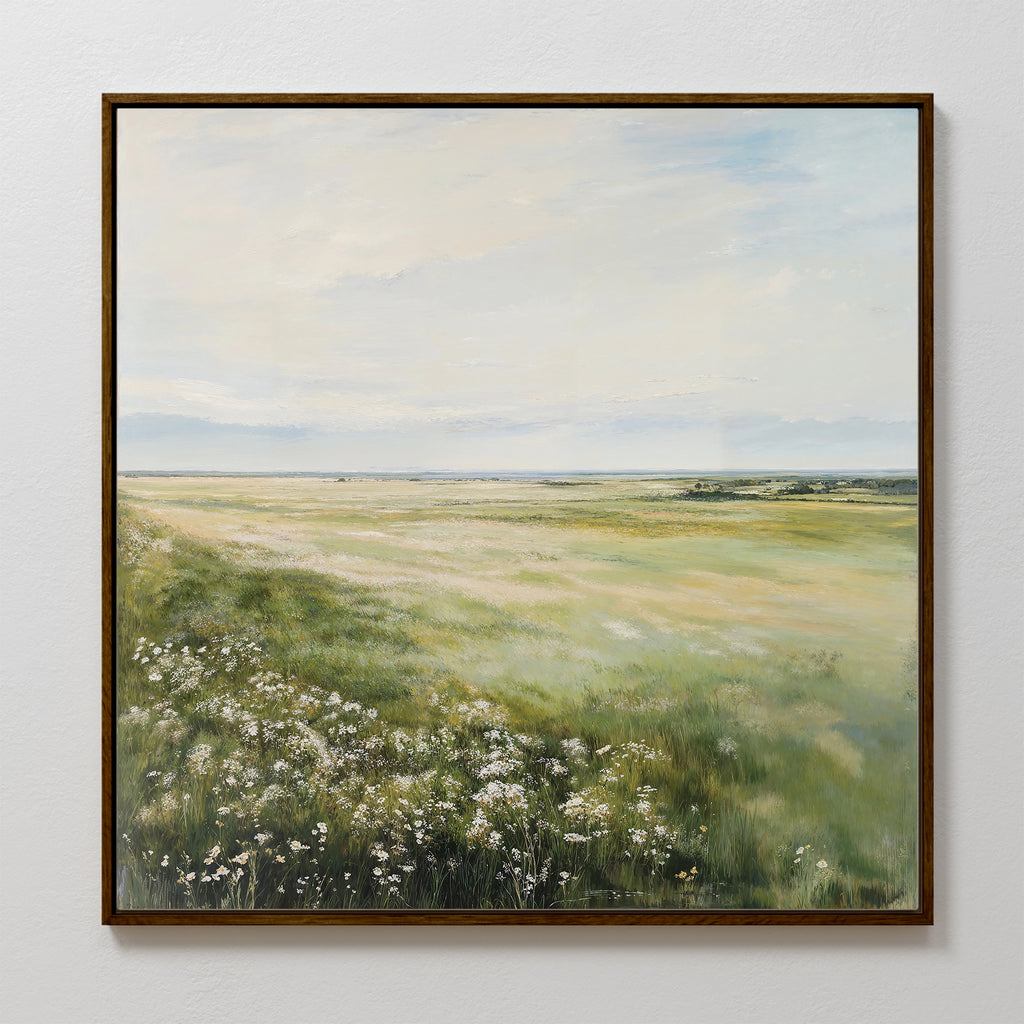 The Summer Meadow Canvas Art features a sunlit grassy field with wildflowers under a vast sky, capturing nature’s beauty and making an ideal addition to your living room decor.