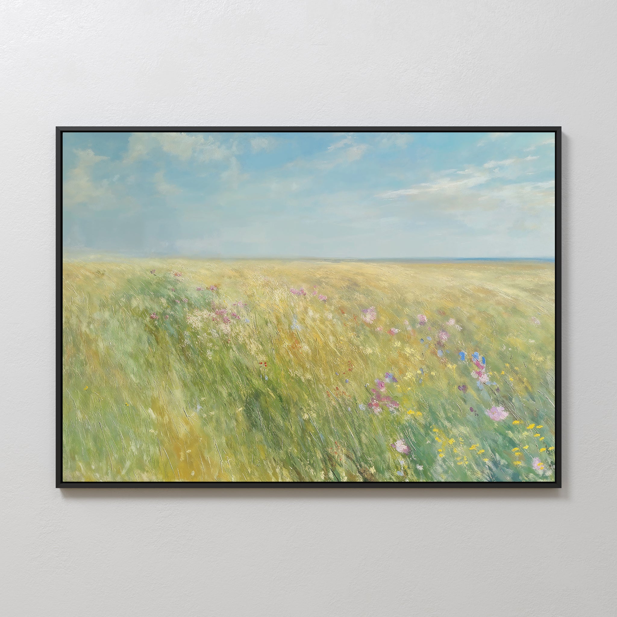 Summers Embrace Canvas Art showcases a vibrant meadow with tall grasses and colorful wildflowers beneath a blue sky, creating peaceful, expansive beauty—perfect landscape wall art for any room.