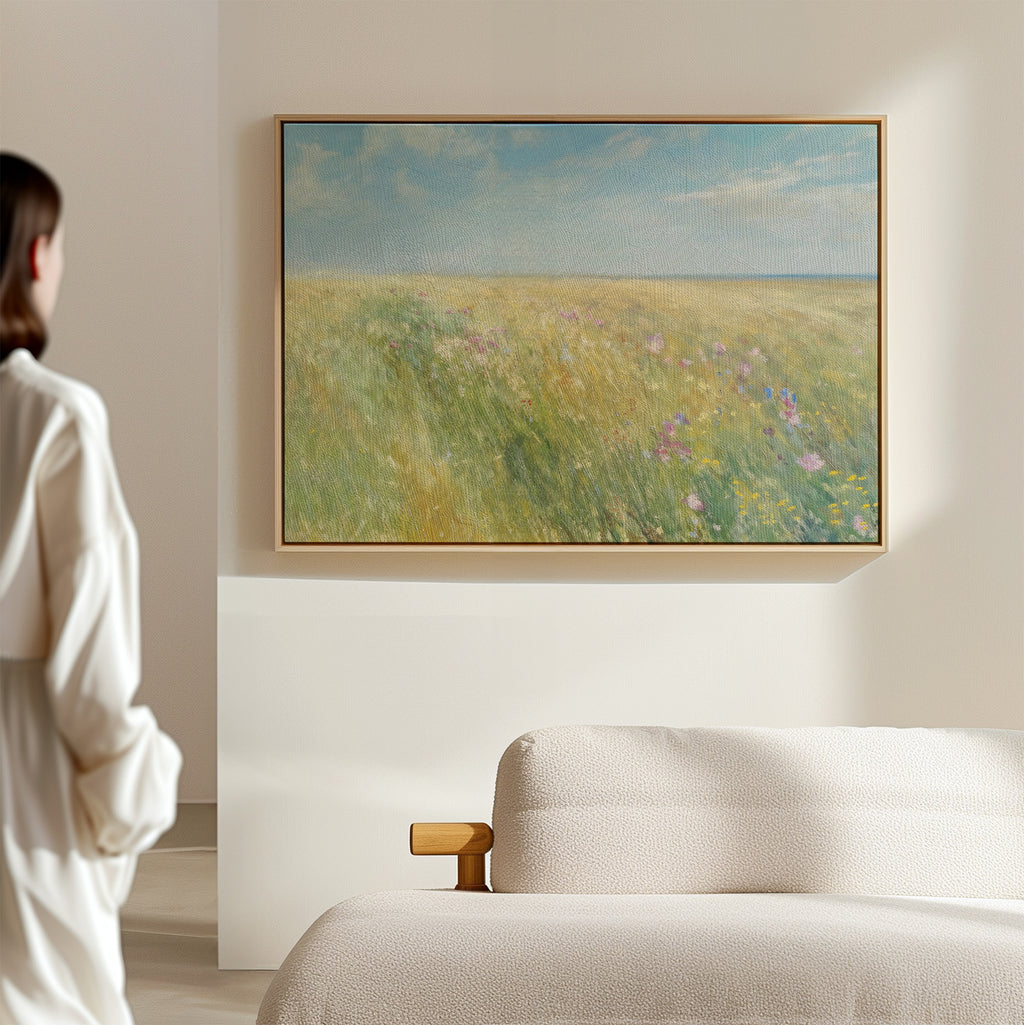 A woman stands in a bright, minimalist room, admiring the Summers Embrace Canvas Art—a landscape print of a grassy field with wildflowers and blue sky—hung on a light wall above a beige sofa.