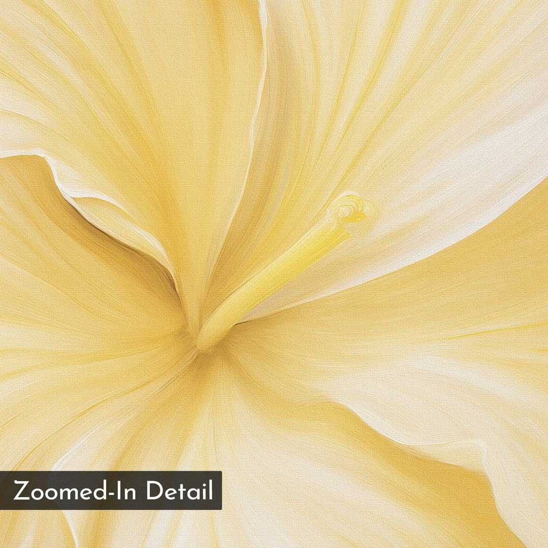 A close-up of a pale yellow flower petal reveals delicate textures and gentle curves. Perfect as wall art or elegant living room decor. Labeled "Zoomed-In Detail" in the corner. Product: Sunlight Curve Canvas Art.