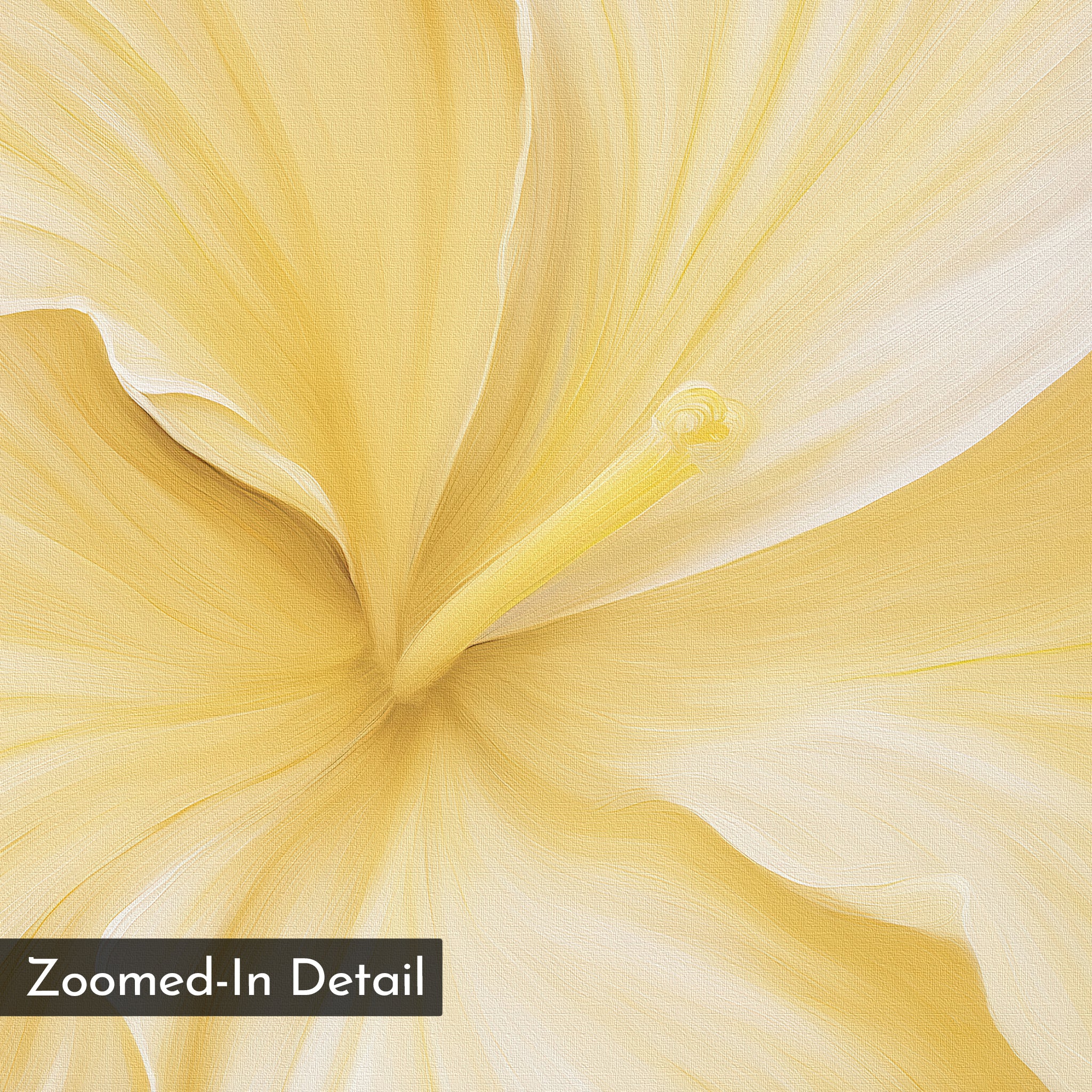 A close-up of a pale yellow flower petal reveals delicate textures and gentle curves. Perfect as wall art or elegant living room decor. Labeled "Zoomed-In Detail" in the corner. Product: Sunlight Curve Canvas Art.