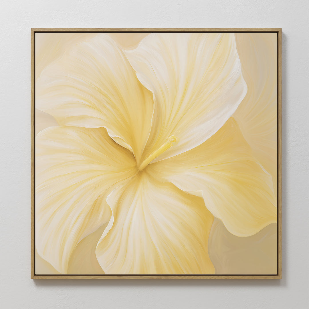 The Sunlight Curve Canvas Art, featuring a large soft yellow flower with swirling petals, brings minimalistic charm to your living room decor when displayed against a plain white wall.