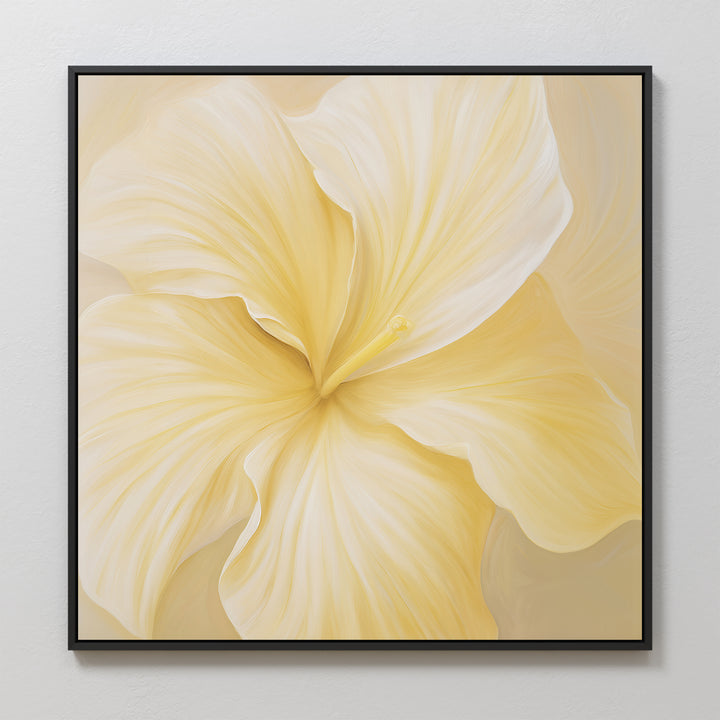The Sunlight Curve Canvas Art features a large, soft yellow flower with flowing petals on a pale background. Its minimal design adds a calm, harmonious touch to your living room wall decor.