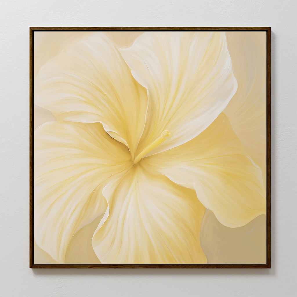 The Sunlight Curve Canvas Art features a large soft yellow flower with flowing petals against a neutral background—perfect minimalist wall art for your living room or as an elegant touch to any white wall.