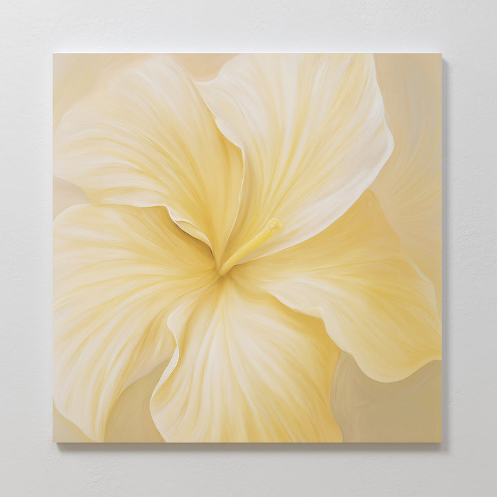 Sunlight Curve Canvas Art features a large, soft yellow flower with swirling petals on a neutral background—ideal minimalist wall decor for your living room.