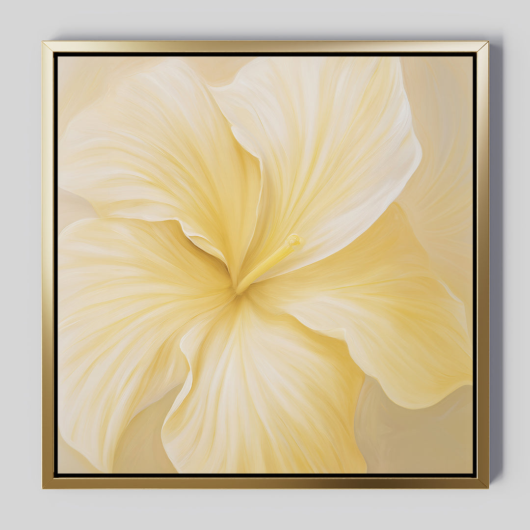 The Sunlight Curve Canvas Art features a large, soft yellow hibiscus with delicate petals on a light background. This elegant gold wall art brings minimalism and charm to your living room decor.