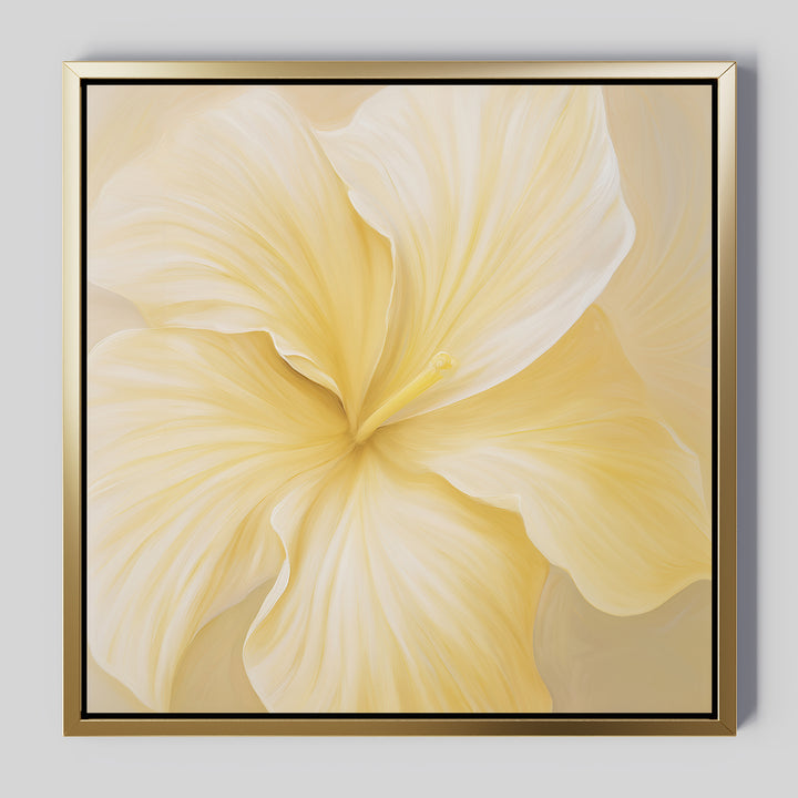 The Sunlight Curve Canvas Art features a large, soft yellow hibiscus with delicate petals on a light background. This elegant gold wall art brings minimalism and charm to your living room decor.
