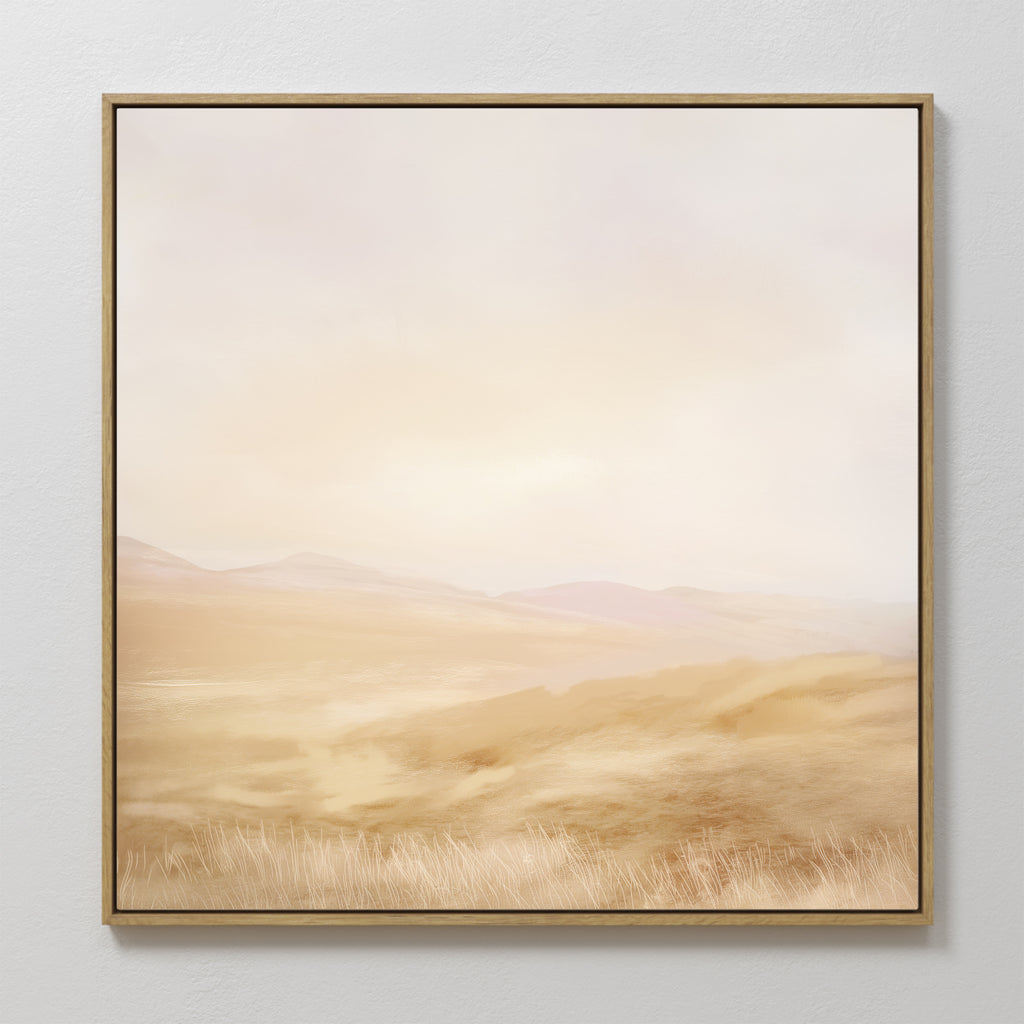 Sunlit Meadows Abstract Canvas Art features a soft, pastel landscape with gentle hills, light brown grasses, and a hazy sky—perfect for bringing a calm, serene atmosphere to any space.