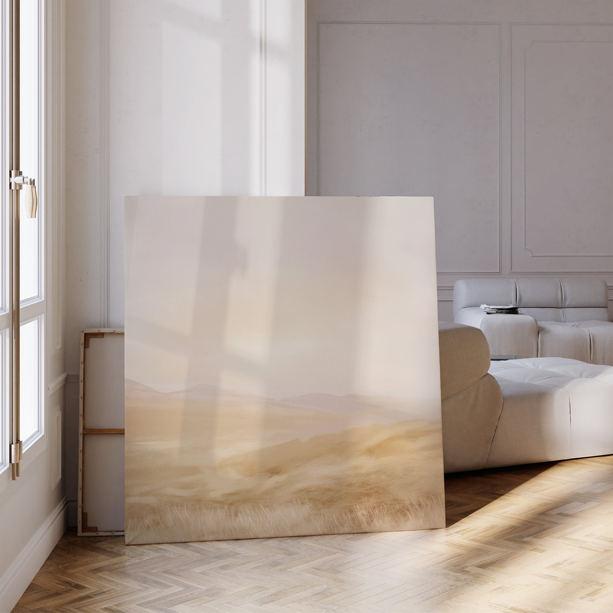 The Sunlit Meadows Abstract Canvas Art leans against the wall of a bright, minimalist living room with parquet floors and neutral furniture, sunlight pouring through tall windows—ideal for anyone looking to add serene inspiration to their decor.