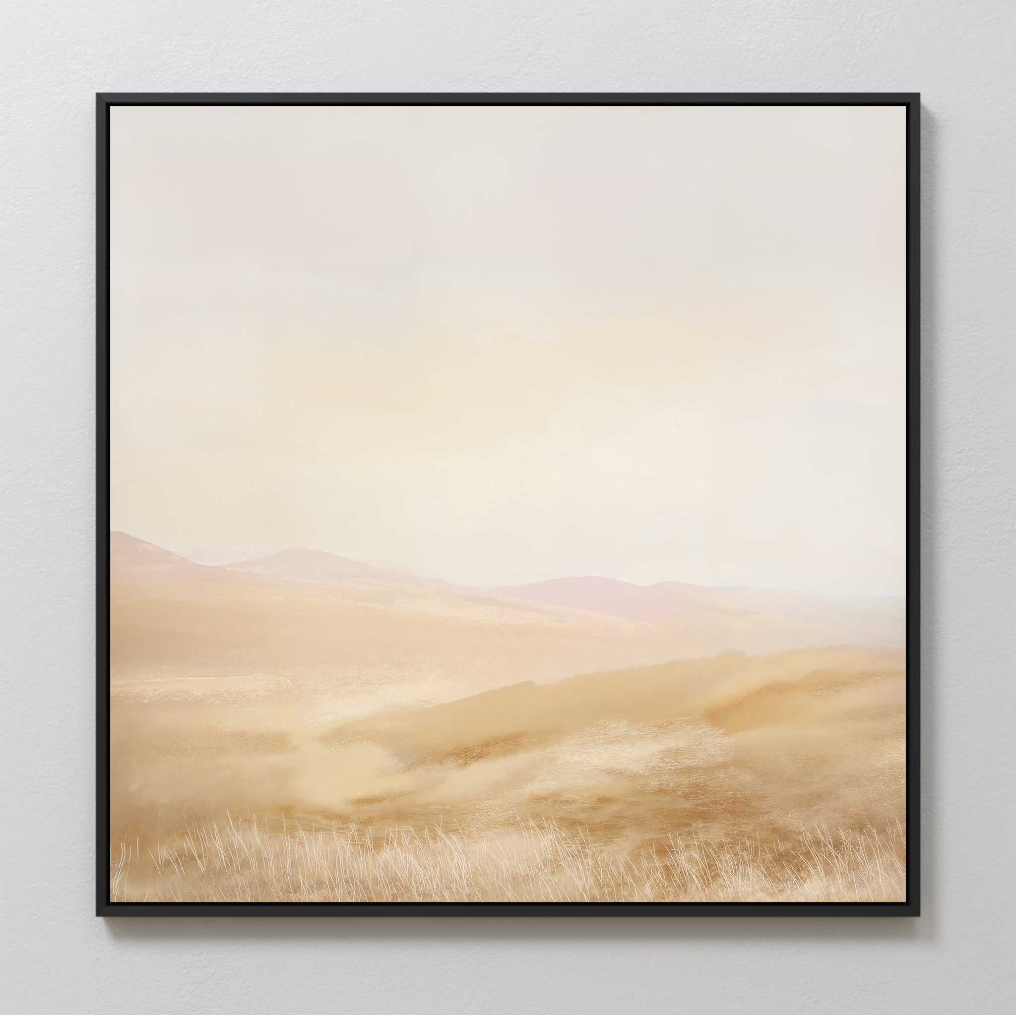 Sunlit Meadows Abstract Canvas Art is a framed painting featuring soft, hazy rolling hills and fields in warm beige and brown tones beneath a light sky. Its calm, dreamy minimalist style brings serene beauty to any space.