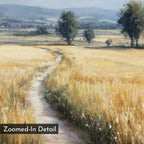 A dirt path winds through a golden field toward distant trees and hills under a clear sky in the Sunlit Passage Canvas Art—a nature-inspired, minimalist wall art print. A corner label reads Zoomed-In Detail.