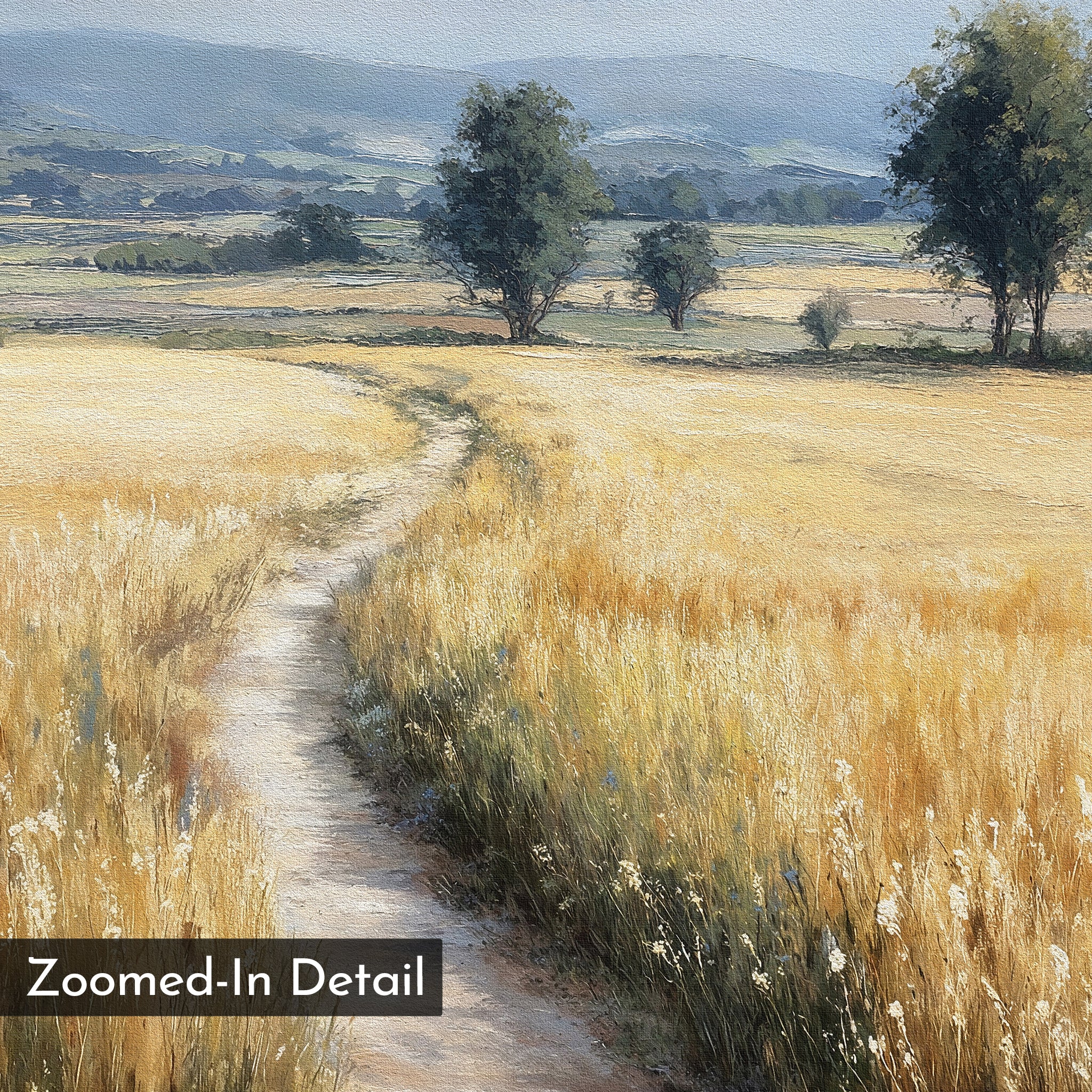 A dirt path winds through a golden field toward distant trees and hills under a clear sky in the Sunlit Passage Canvas Art—a nature-inspired, minimalist wall art print. A corner label reads Zoomed-In Detail.