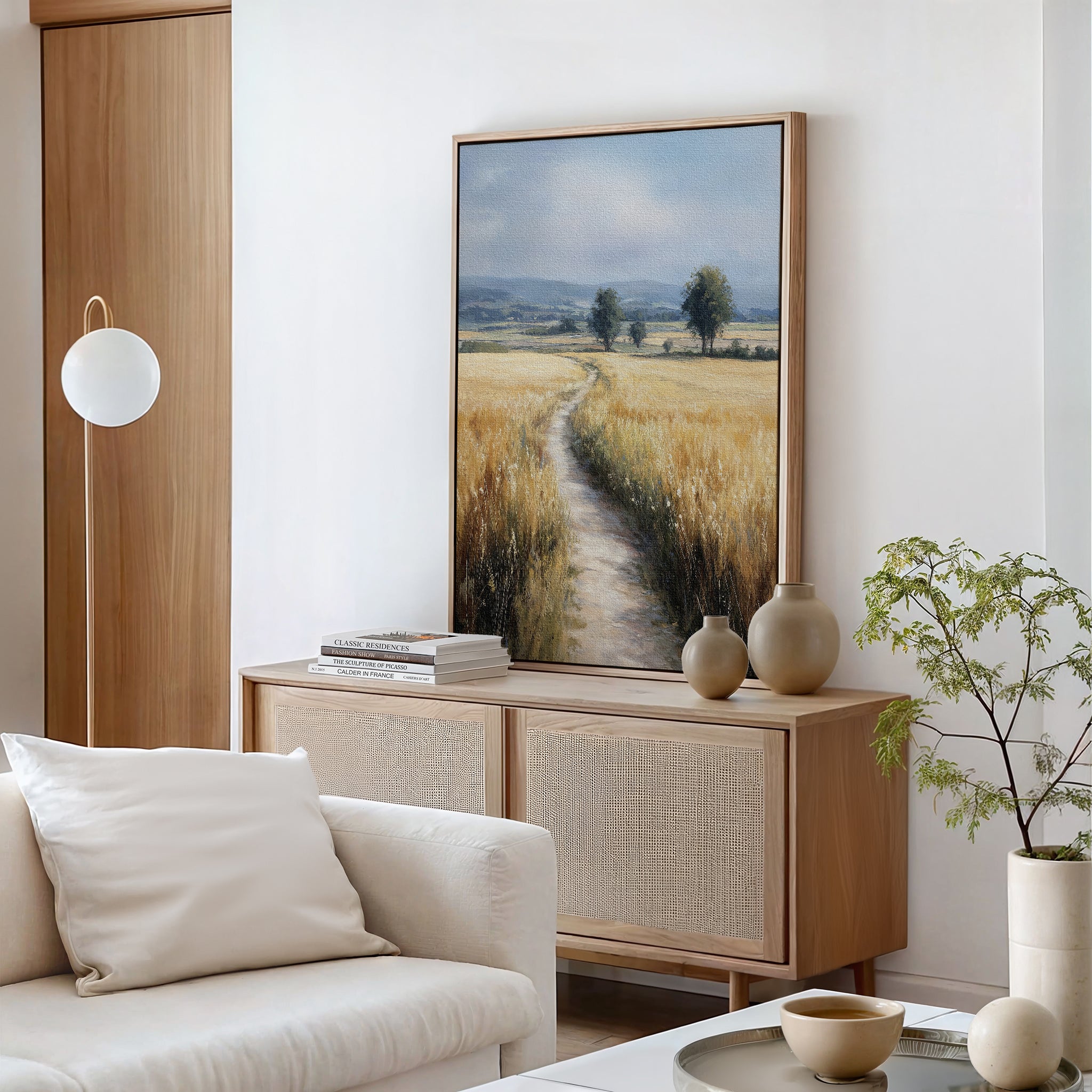 A modern living room featuring Sunlit Passage Canvas Art above a light wood sideboard, styled with ceramic vases, books, a white sofa, round coffee table, and a small green plant for a fresh minimalist look.