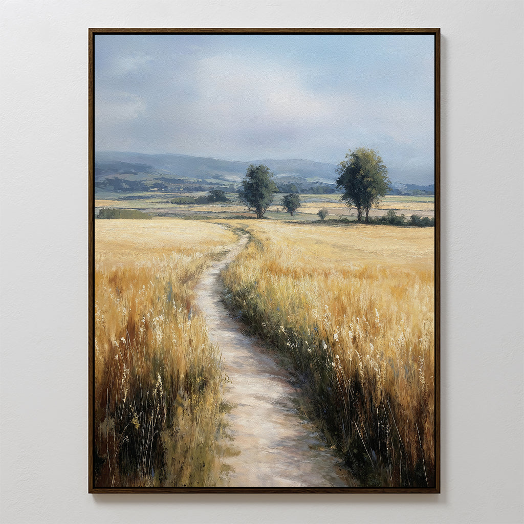 Sunlit Passage Canvas Art: a framed, nature-inspired print featuring a dirt path through golden wheat and distant trees beneath a cloudy sky—an ideal minimalist wall art piece for any space.
