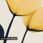 Sunny Flora Canvas Art features a zoomed-in abstract illustration of yellow blooms with black stems on a textured light background, revealing fine details—ideal floral wall art for modern living room decor. Labeled "Zoomed-In Detail.