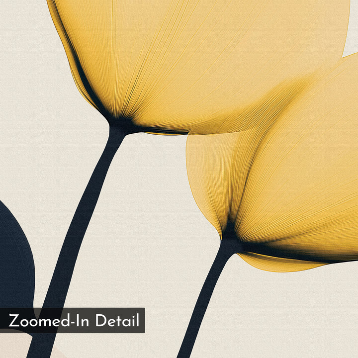Sunny Flora Canvas Art features a zoomed-in abstract illustration of yellow blooms with black stems on a textured light background, revealing fine details—ideal floral wall art for modern living room decor. Labeled "Zoomed-In Detail.