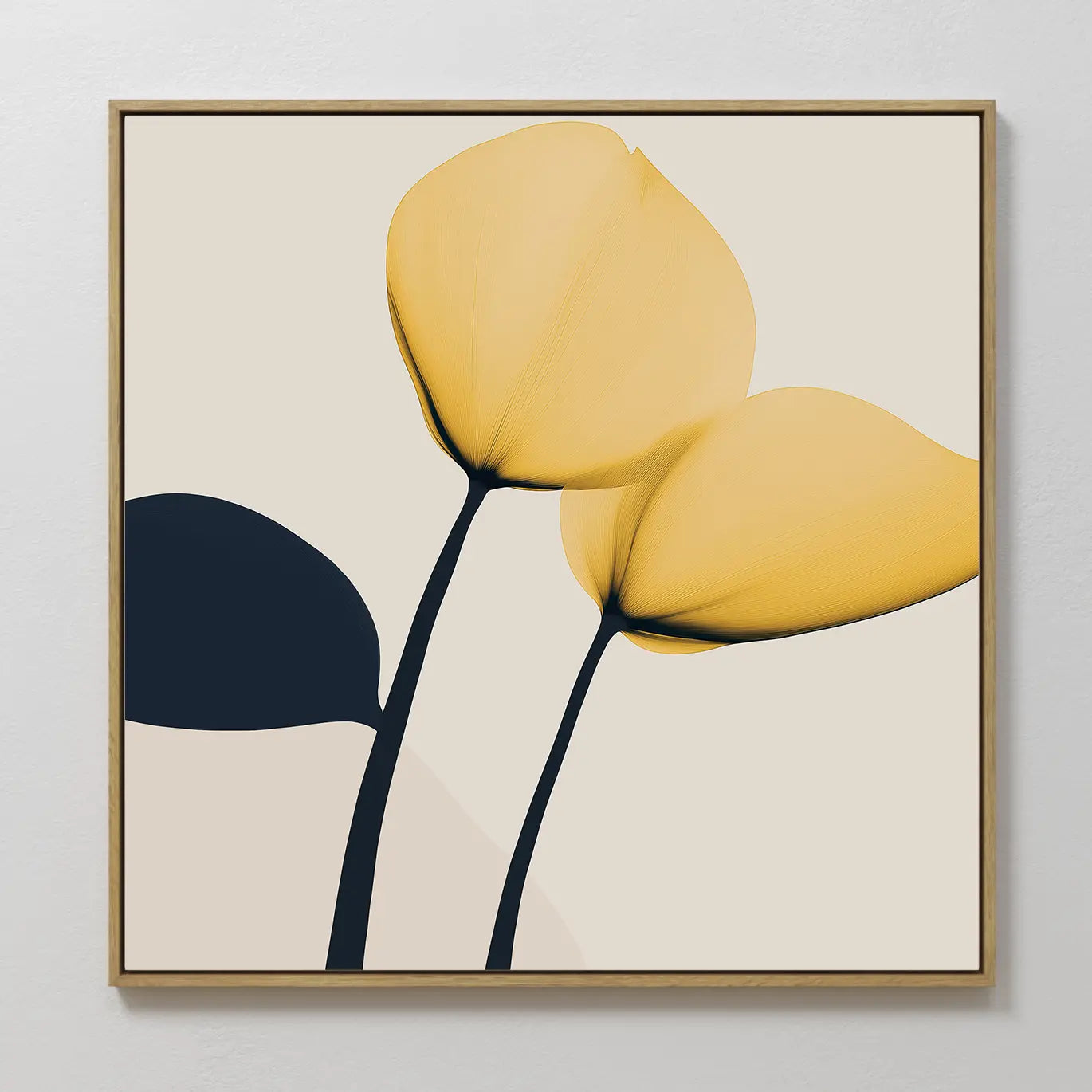 Sunny Flora Canvas Art features two yellow blooms with black stems and a dark leaf on a light beige background, set in a slim wooden frame—ideal minimalist wall decor for modern living rooms.