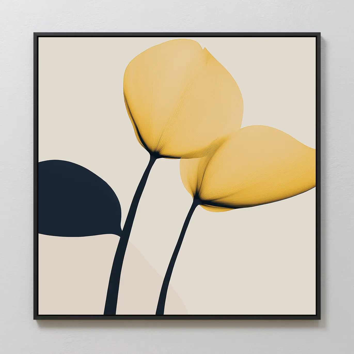 Sunny Flora Canvas Art showcases two yellow flowers with long dark stems and a dark leaf on a light beige background, framed in sleek black—an ideal minimalist accent for contemporary living rooms.