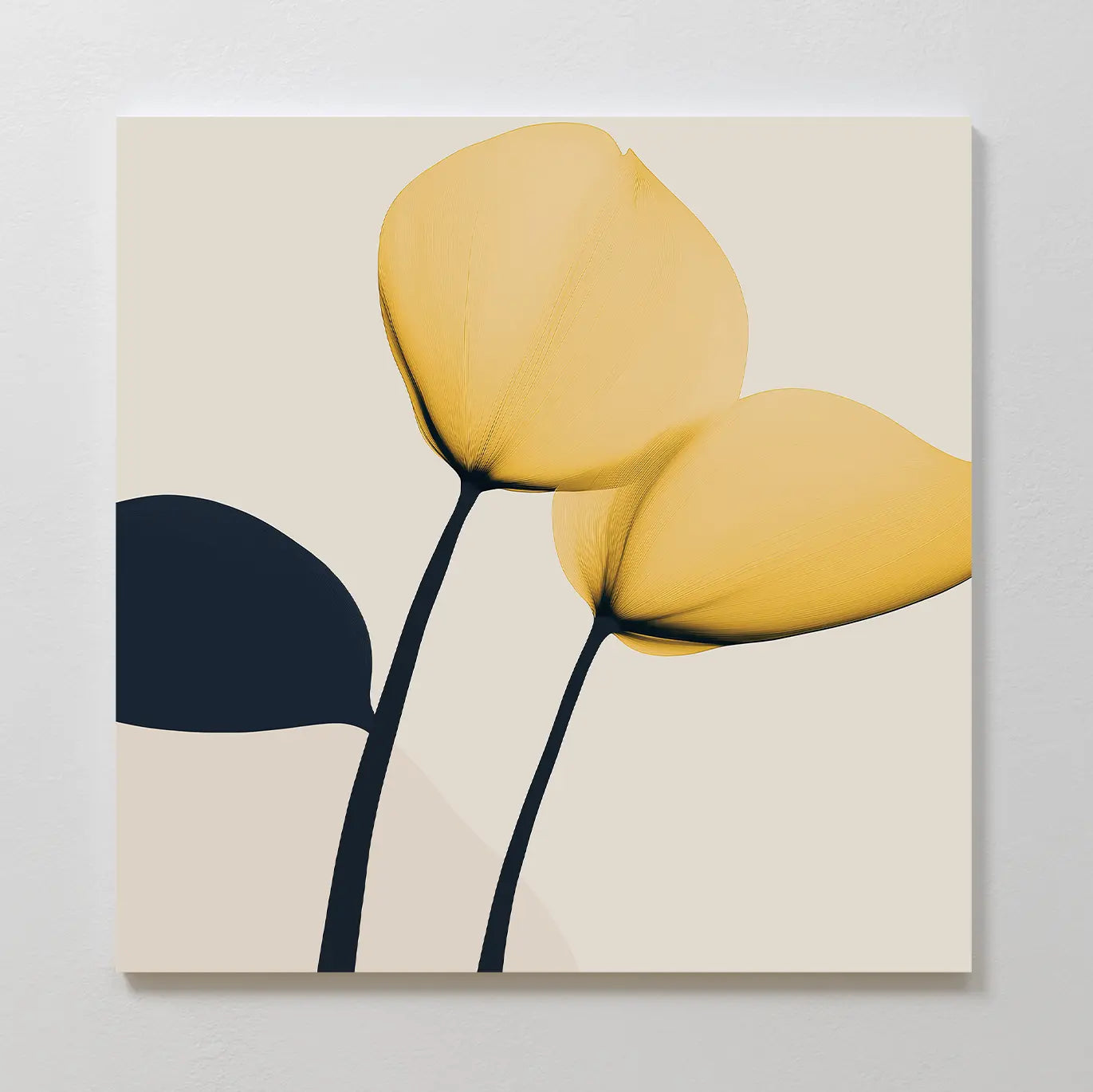 Brighten your living room with the Sunny Flora Canvas Art, featuring two yellow flowers with long black stems and a dark leaf on a light beige background. This minimalist floral wall art adds an elegant, modern touch to any space.