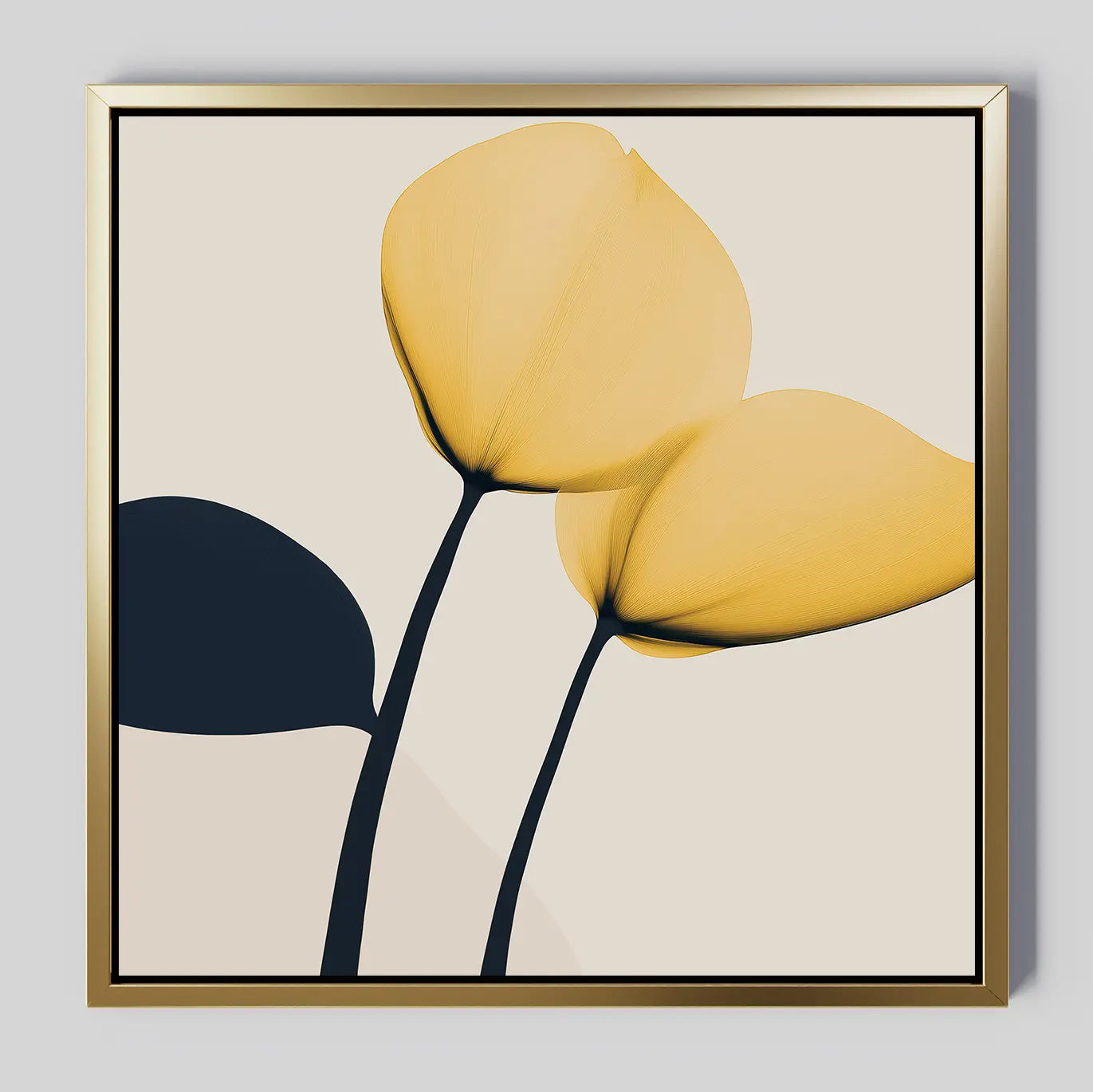 The Sunny Flora Canvas Art showcases two yellow flowers with black stems and leaves on a light beige background, set in a slim gold-colored frame—an elegant choice to brighten any modern living room.