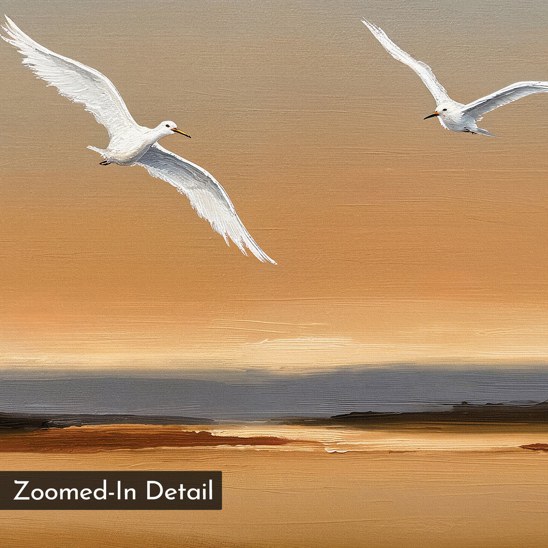 A close-up of the Sunset Flight Canvas Art shows two white birds soaring over a serene, warm-toned landscape in orange, peach, and brown—perfect minimalist wall decor. "Zoomed-In Detail" is written in the lower left corner.
