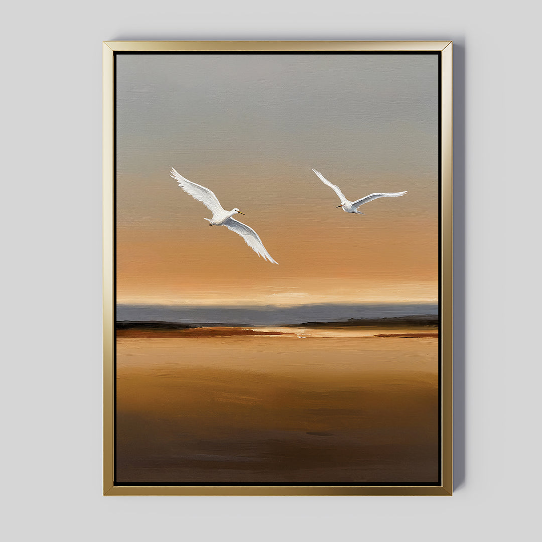 Sunset Flight Canvas Art: modern wall art featuring two white swans soaring over a serene brown and orange sunset landscape with soft clouds—a perfect accent to elevate your bedroom decor.