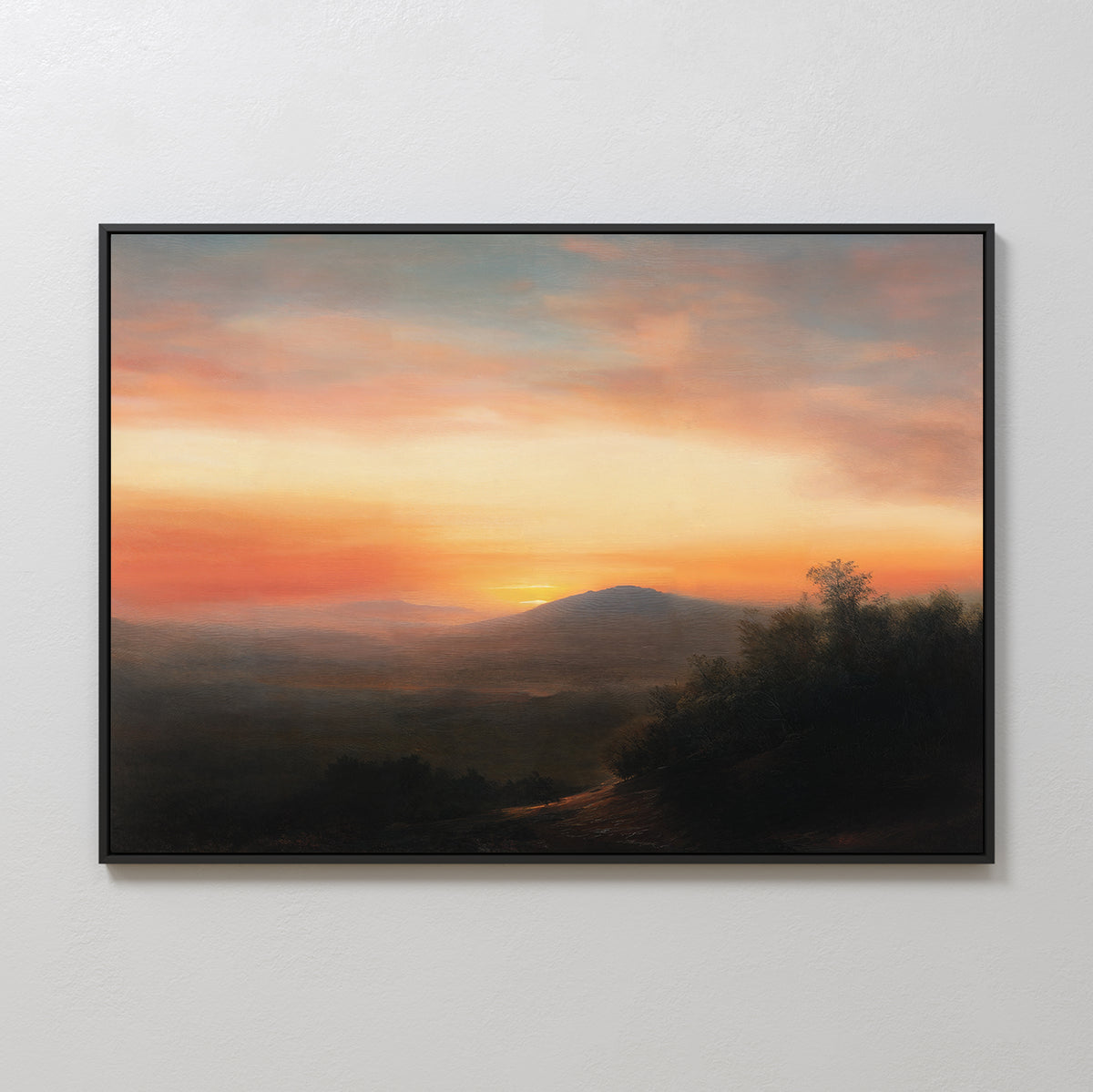 The Sunset Reflection Canvas Art features a framed serene landscape of rolling hills, a glowing orange-pink sunset sky, distant mountains, and shadowy trees—ideal vintage wall decor for any room.