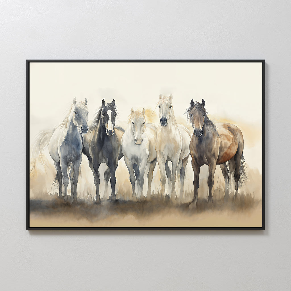 The Sunset Ride Canvas Art features five horses in brown, gray, and white against a soft neutral background—a framed piece perfect for adding nature-inspired style to your living room decor.