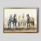 The Sunset Ride Canvas Art shows five horses side by side on a misty, neutral backdrop in gray, white, and brown tones. Its gold-trimmed frame adds elegance, making it ideal wall decor for your living room.