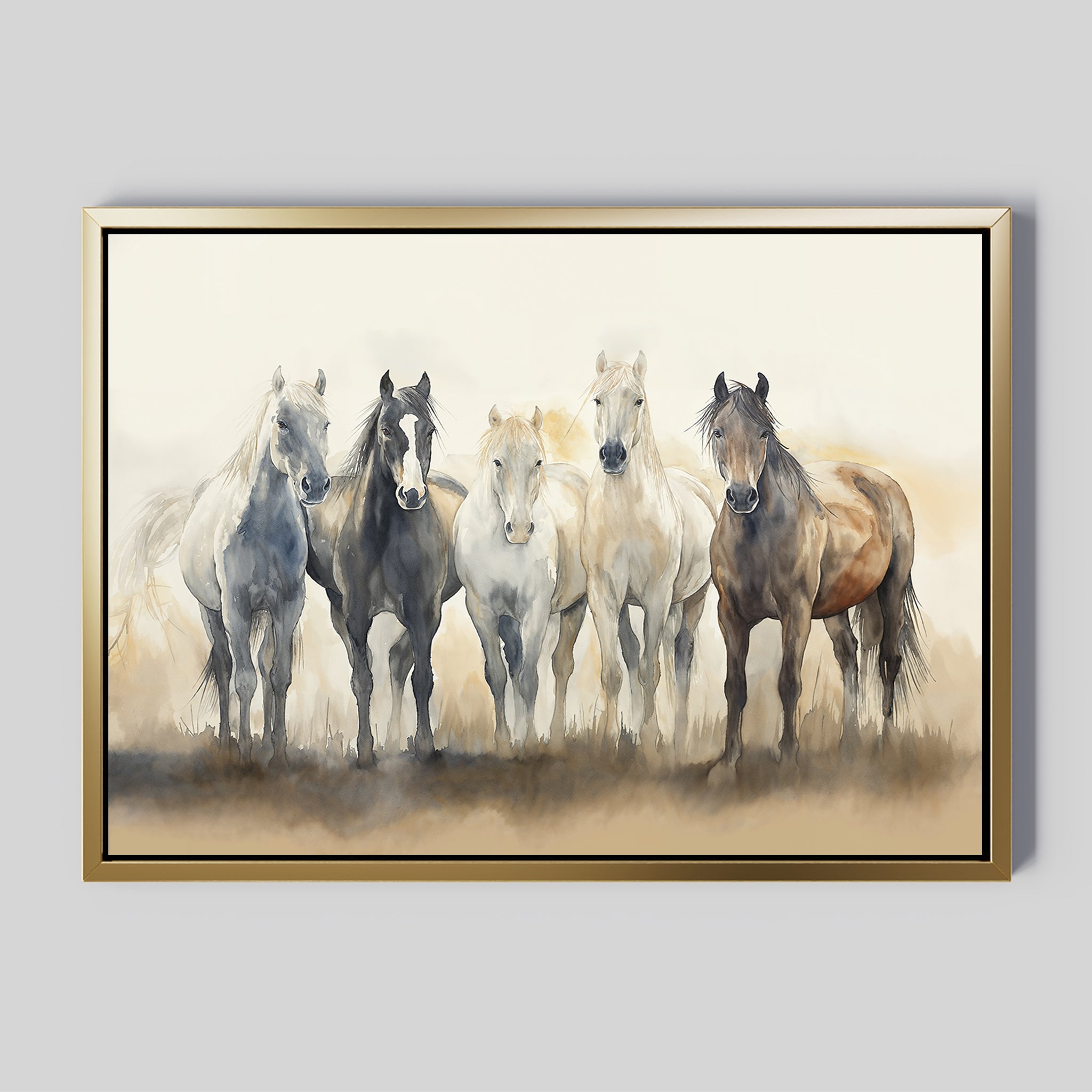 The Sunset Ride Canvas Art shows five horses side by side on a misty, neutral backdrop in gray, white, and brown tones. Its gold-trimmed frame adds elegance, making it ideal wall decor for your living room.