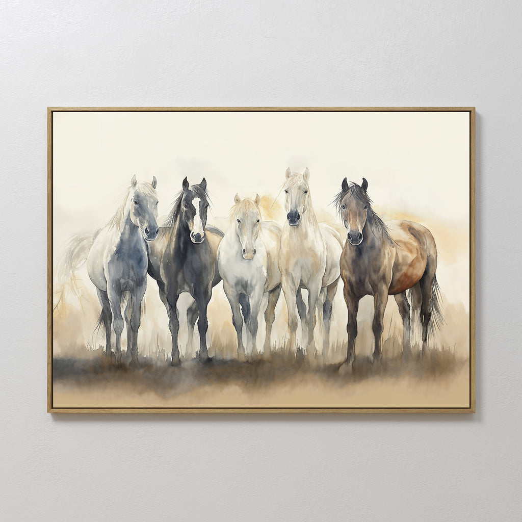 The Sunset Ride Canvas Art features five horses in gray, white, and brown tones on a neutral background, framed and displayed on a white wall—ideal for adding nature-inspired style to your living room decor.