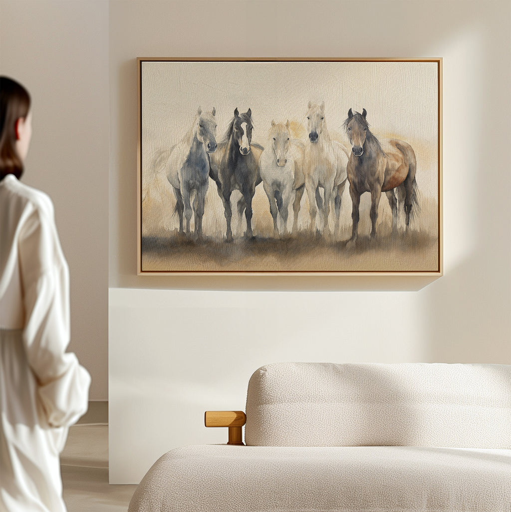A person in a white robe stands in a softly lit, minimal room, admiring the Sunset Ride Canvas Art above a light-colored sofa—a perfect addition to nature-inspired living room decor.
