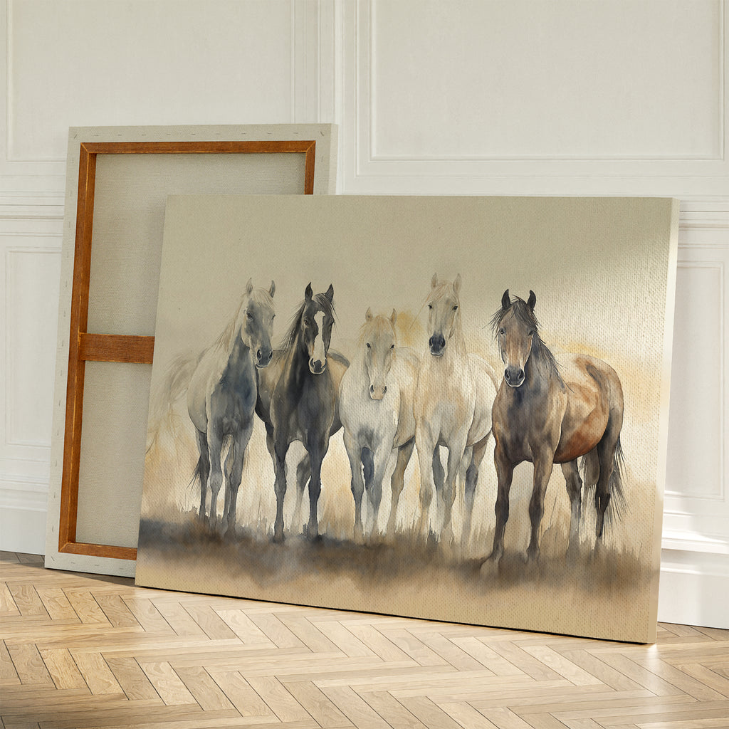 The Sunset Ride Canvas Art, featuring five standing horses in natural tones, leans against a wall on a wooden floor with a blank canvas behind it in a bright, white-paneled room—ideal nature-inspired wall art for your living room.