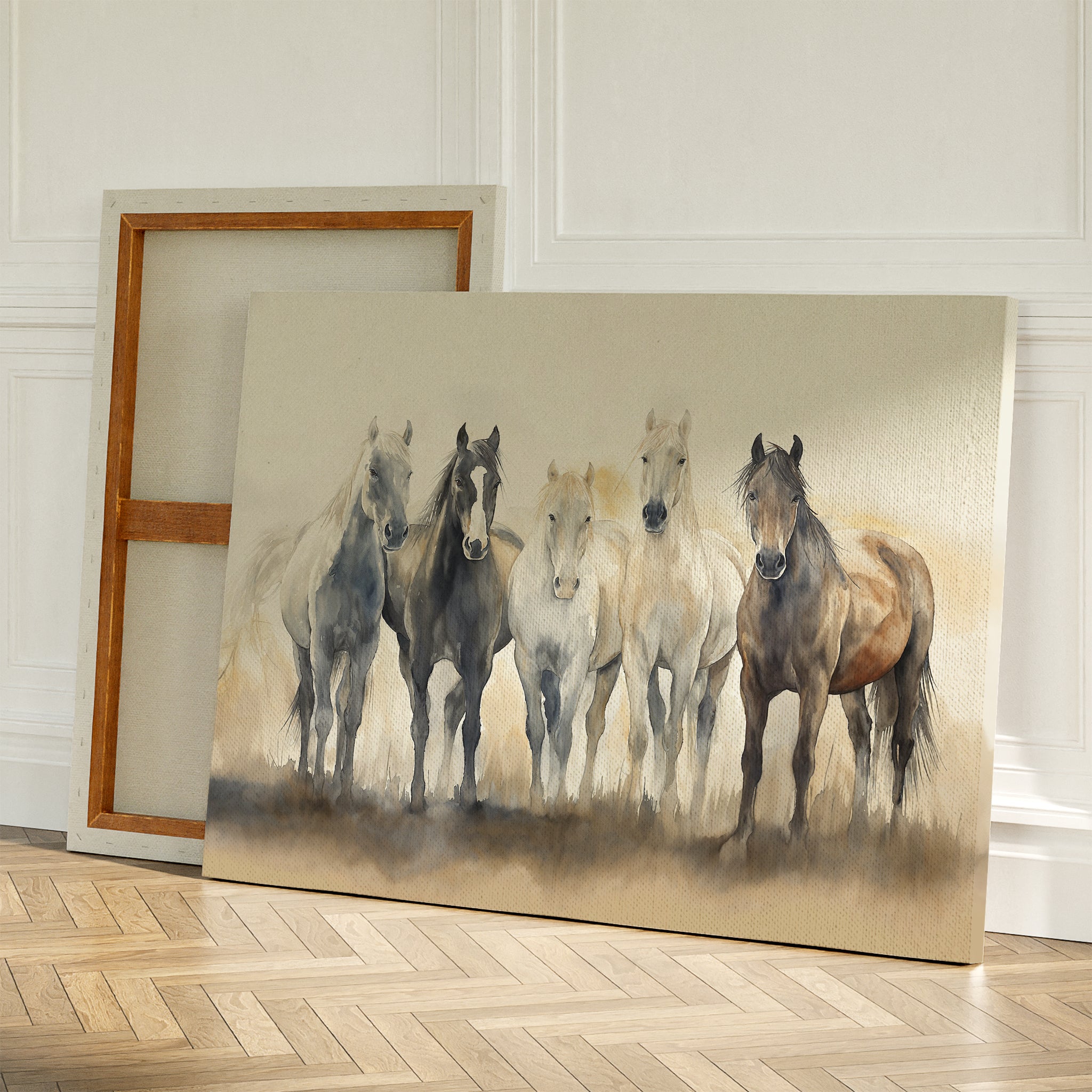 The Sunset Ride Canvas Art, featuring five standing horses in natural tones, leans against a wall on a wooden floor with a blank canvas behind it in a bright, white-paneled room—ideal nature-inspired wall art for your living room.
