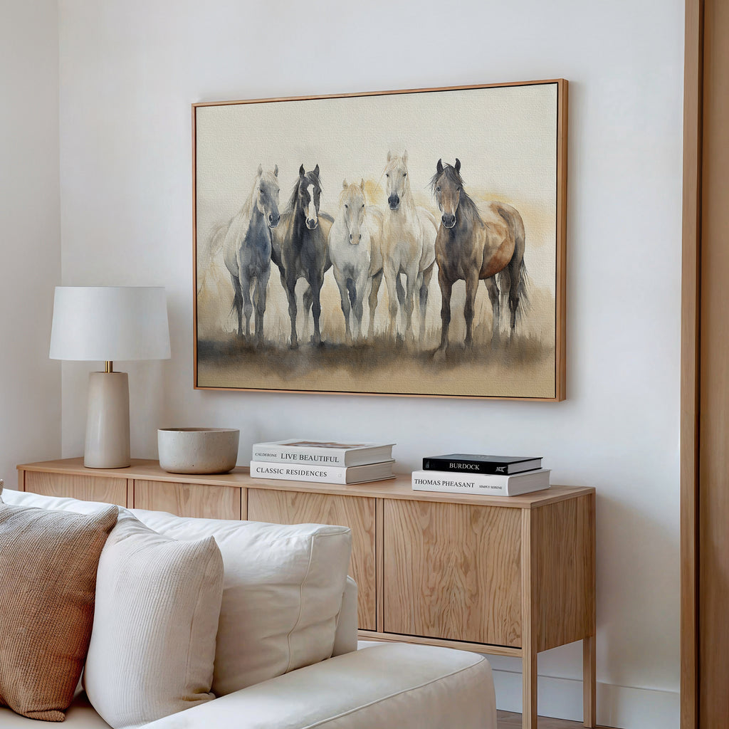 A cozy living room with a light wood sideboard, white table lamp, stacked books, and decorative bowl. Above the sideboard, the Sunset Ride Canvas Art adds a charming touch to the nature-inspired decor.