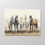 The Sunset Ride Canvas Art showcases five horses side by side in muted earth tones against a soft, blurred background—an ideal piece for serene living room decor.