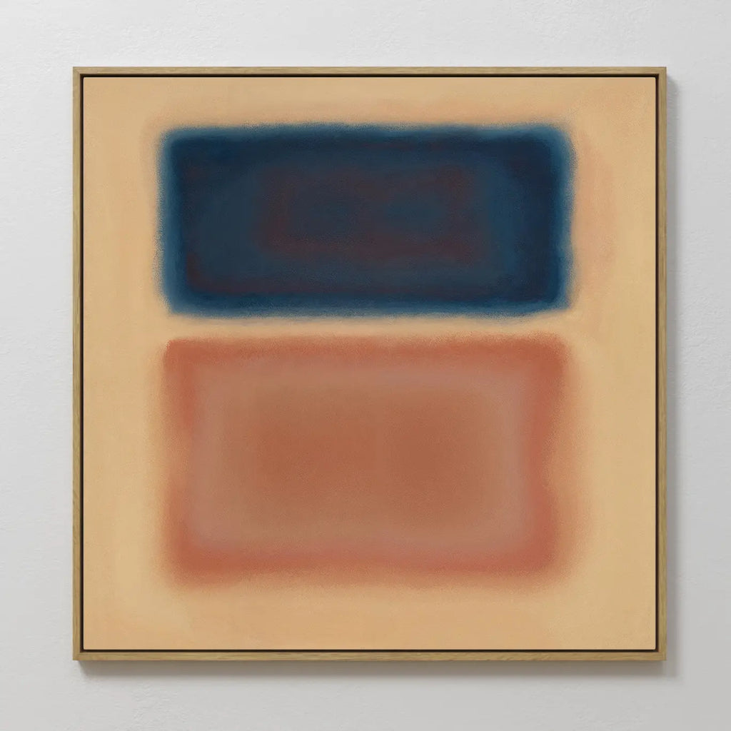 The Sunset Vapor Canvas Art features two large, blurred rectangles—dark blue above and reddish-brown below—set against a beige background within a slim frame. Ideal as abstract wall art for modern spaces.