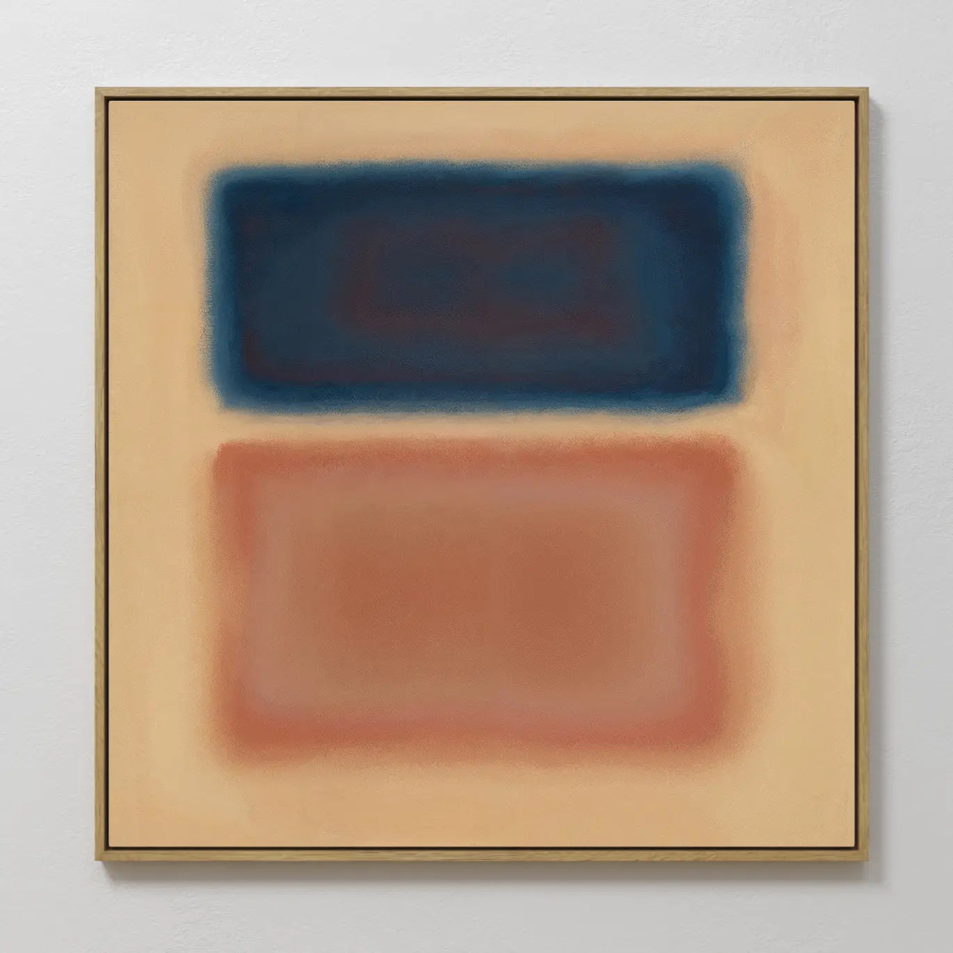 The Sunset Vapor Canvas Art features two large, blurred rectangles—dark blue above and reddish-brown below—set against a beige background within a slim frame. Ideal as abstract wall art for modern spaces.