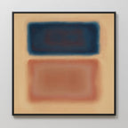 The Sunset Vapor Canvas Art features two blurred rectangles—dark blue above reddish-brown—on a beige background, with soft edges in a black-bordered square frame, ideal for modern interiors.