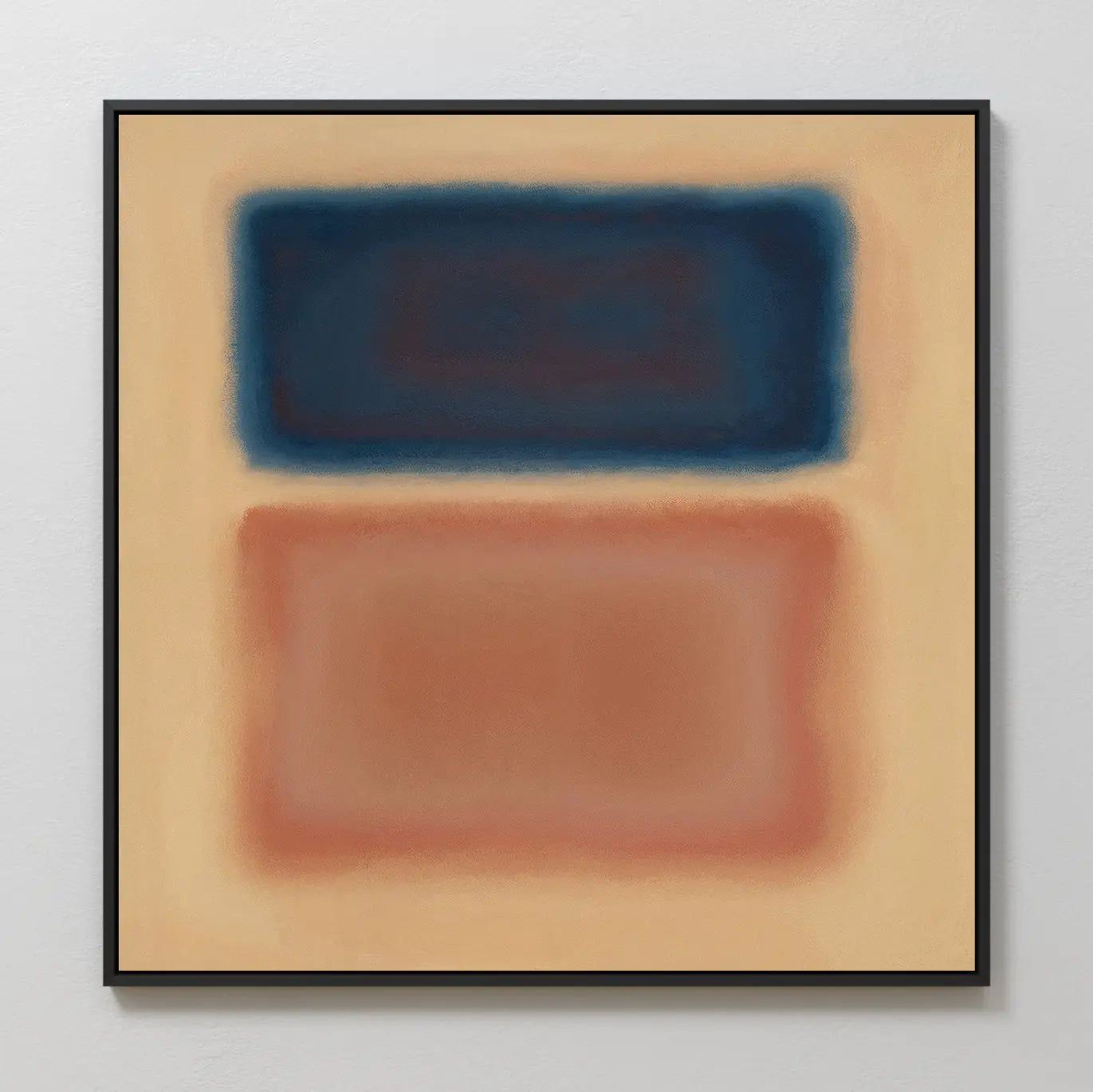 The Sunset Vapor Canvas Art features two blurred rectangles—dark blue above reddish-brown—on a beige background, with soft edges in a black-bordered square frame, ideal for modern interiors.