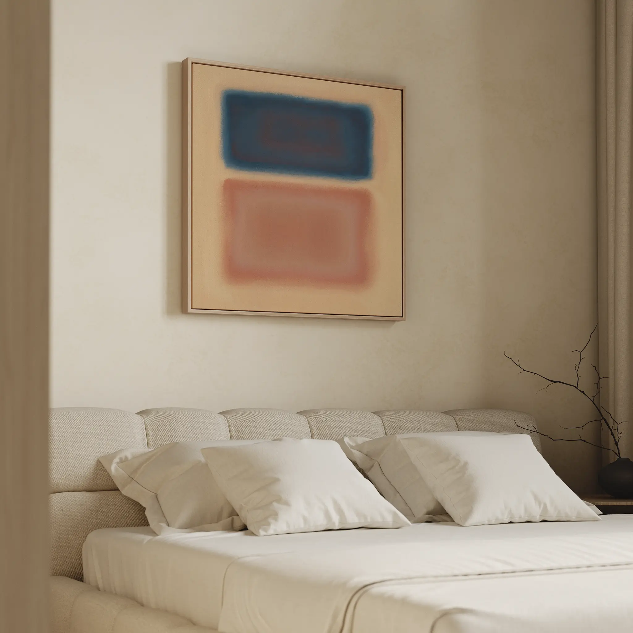 A beige bedroom features a cream upholstered bed with white pillows. Above the headboard hangs the Sunset Vapor Canvas Art, showcasing blurred blue and red rectangles. A bare branch decorates the bedside table.