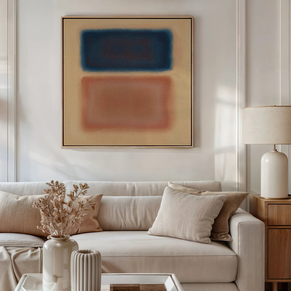 A modern living room with a beige sofa, cream cushions, a wooden side table with a ceramic lamp, and dried flowers in a vase. Above the sofa hangs the Sunset Vapor Canvas Art, adding to the contemporary décor.