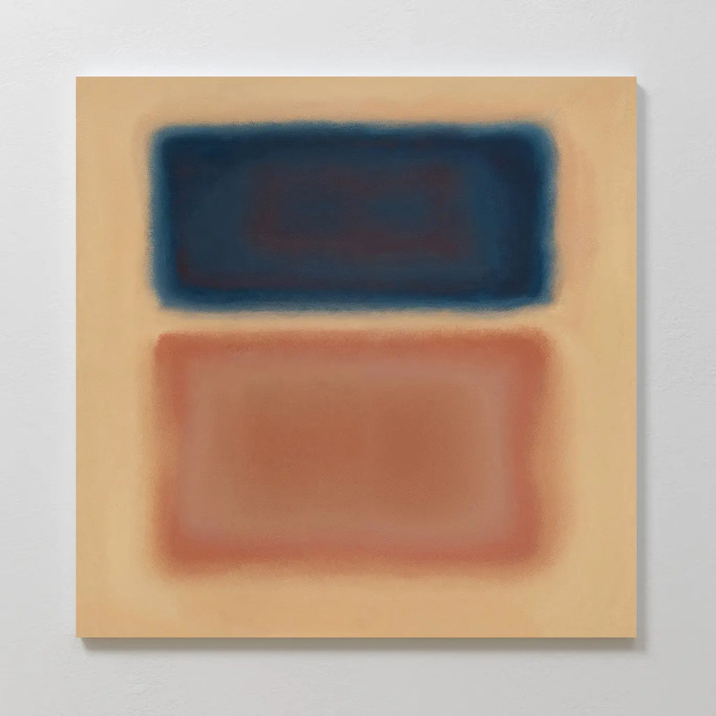 Sunset Vapor Canvas Art features two soft-edged rectangles—dark blue and muted reddish-brown—on a beige background. This minimalist wall art creates a hazy, atmospheric vibe, making it perfect for modern interiors.