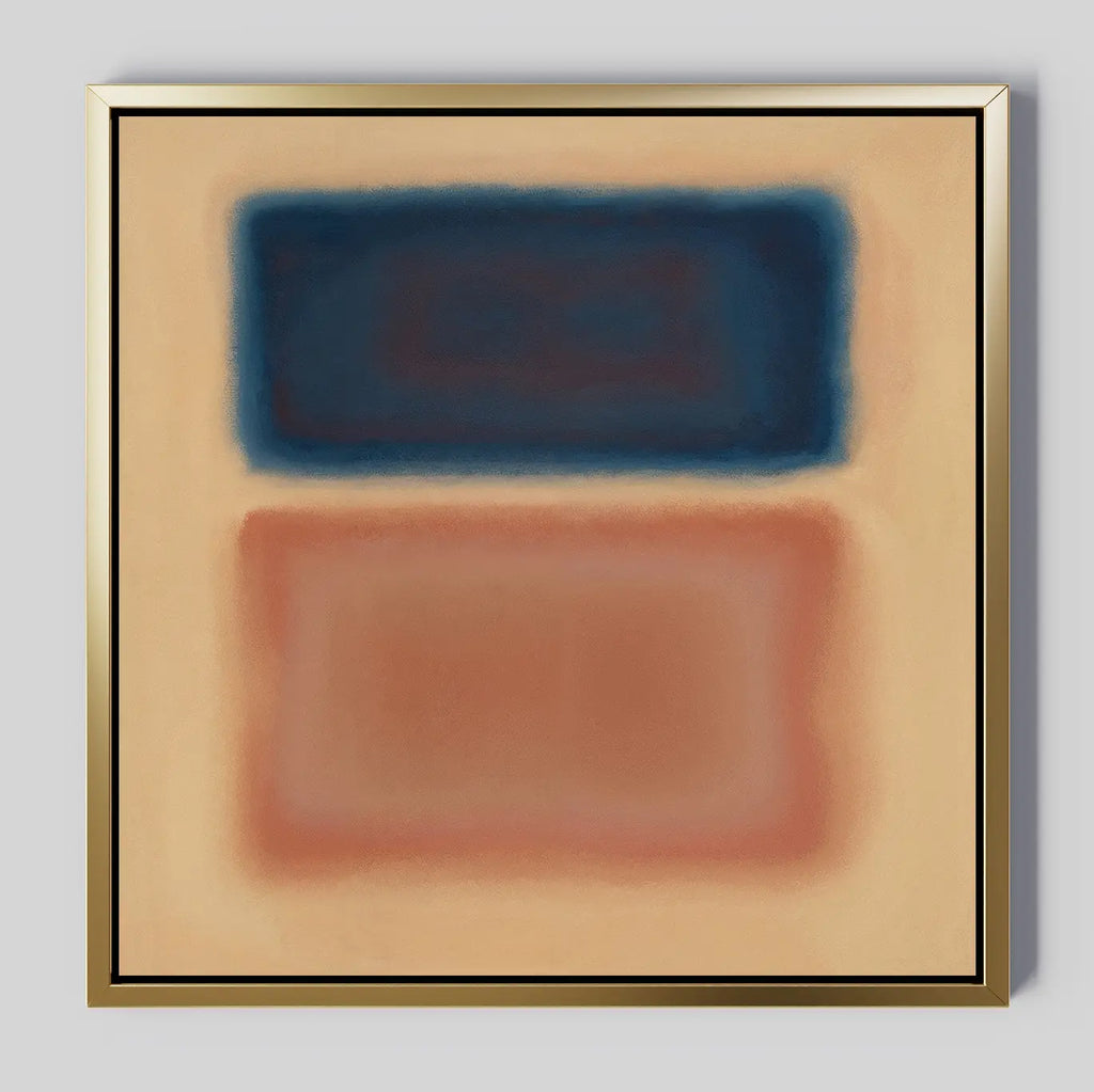 Sunset Vapor Canvas Art: A framed minimalist wall piece with two blurred rectangles—dark blue on top, reddish-brown below—set against a soft beige background, ideal for enhancing modern interiors.