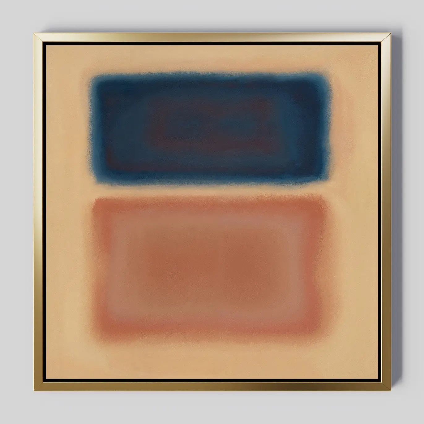 Sunset Vapor Canvas Art: A framed minimalist wall piece with two blurred rectangles—dark blue on top, reddish-brown below—set against a soft beige background, ideal for enhancing modern interiors.