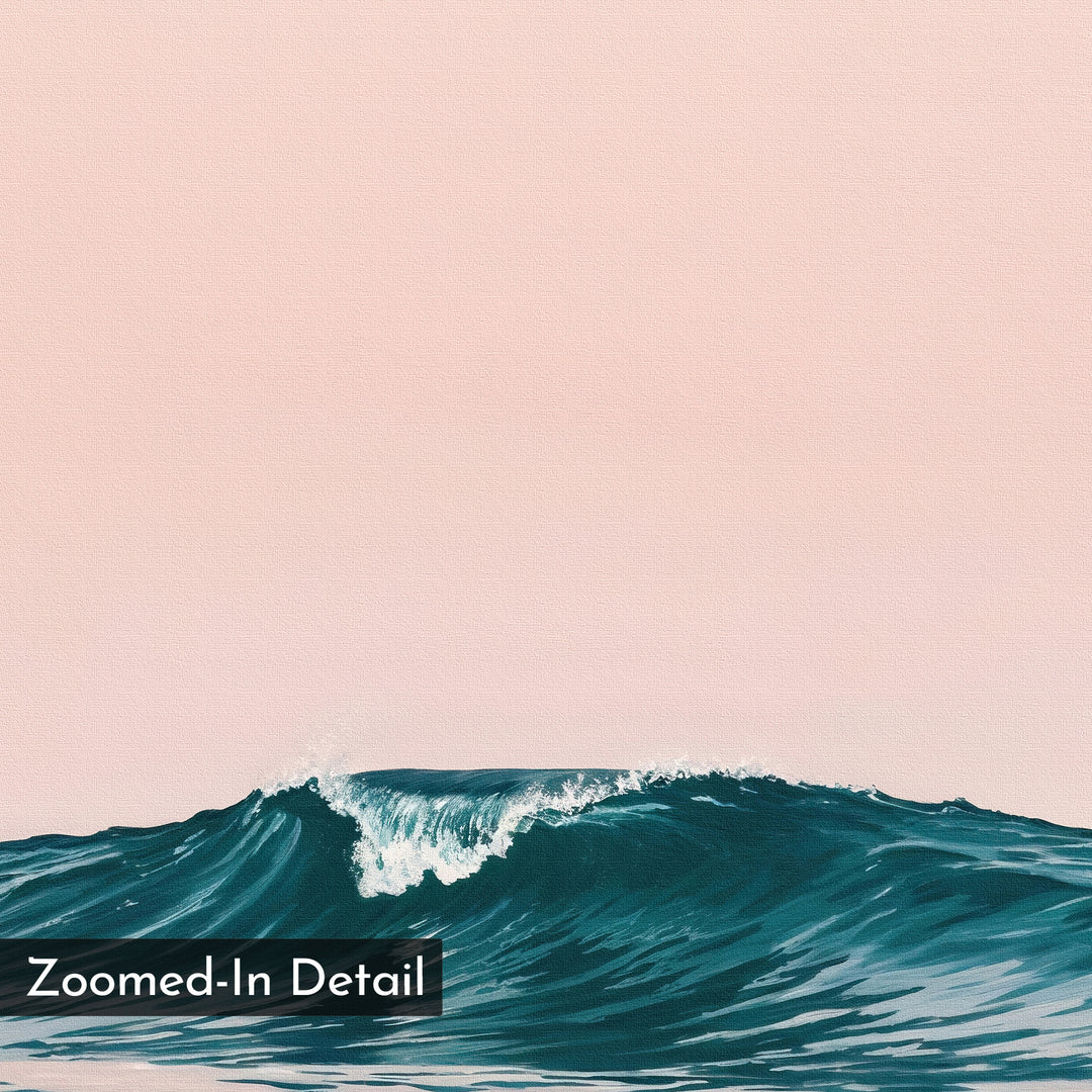 Sunset Wave Canvas Art features a close-up of a blue ocean wave on a pale pink background, with 'Zoomed-In Detail' in a black box at the lower left—perfect coastal wall art for living room decor.