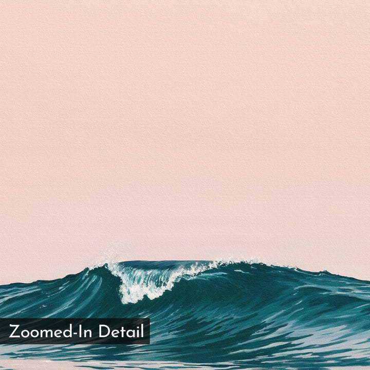 Sunset Wave Canvas Art features a close-up of a blue ocean wave on a pale pink background, with 'Zoomed-In Detail' in a black box at the lower left—perfect coastal wall art for living room decor.